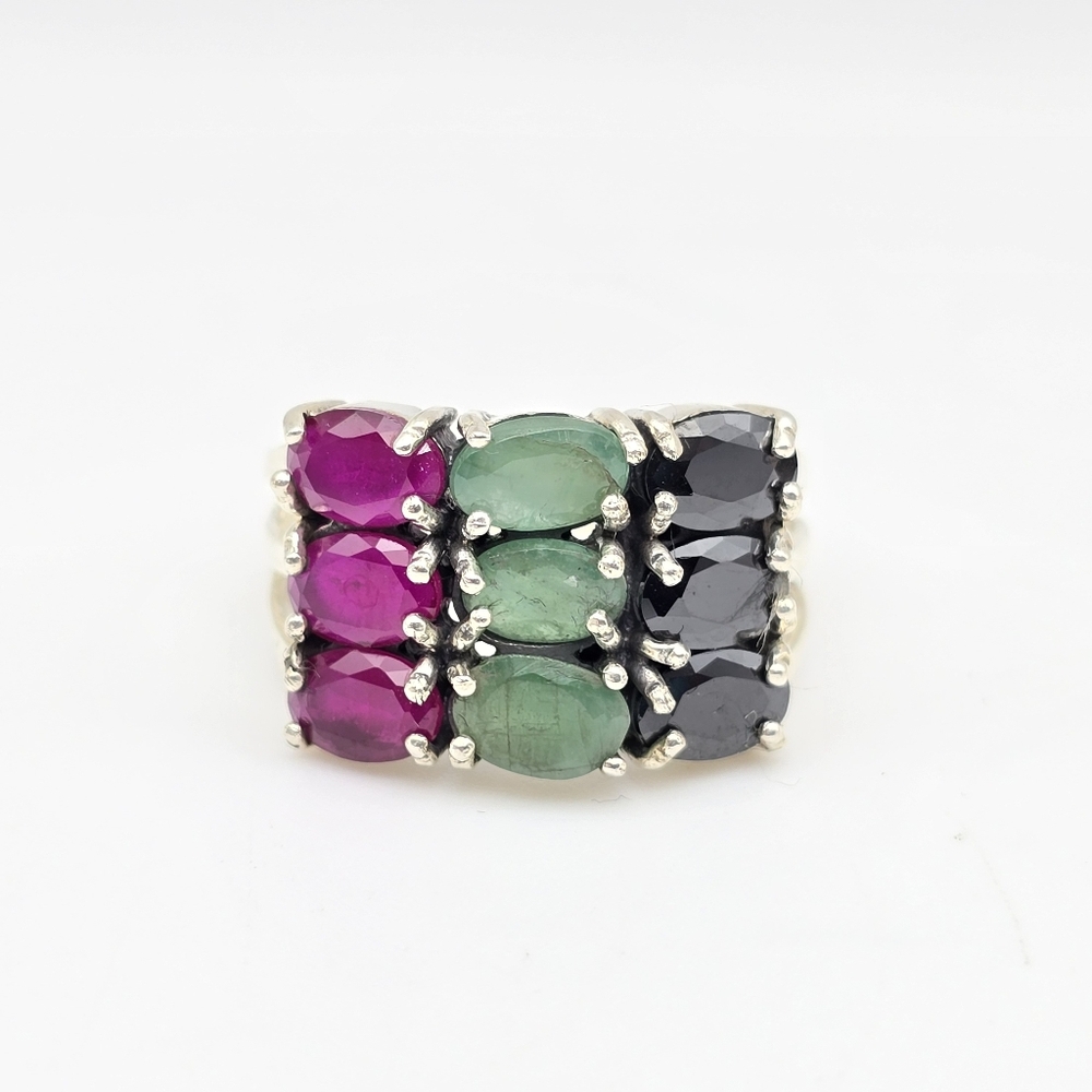 Multi Gemstone Emerald Ruby Sapphire Sterling Sil… - image 1